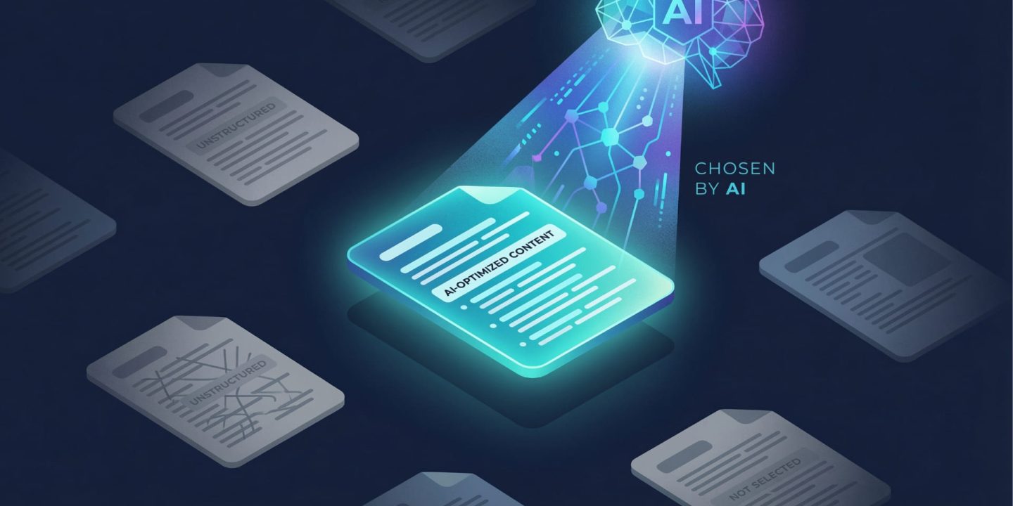 AI content optimization concept showing AI search engines selecting well-optimized content over competitors
