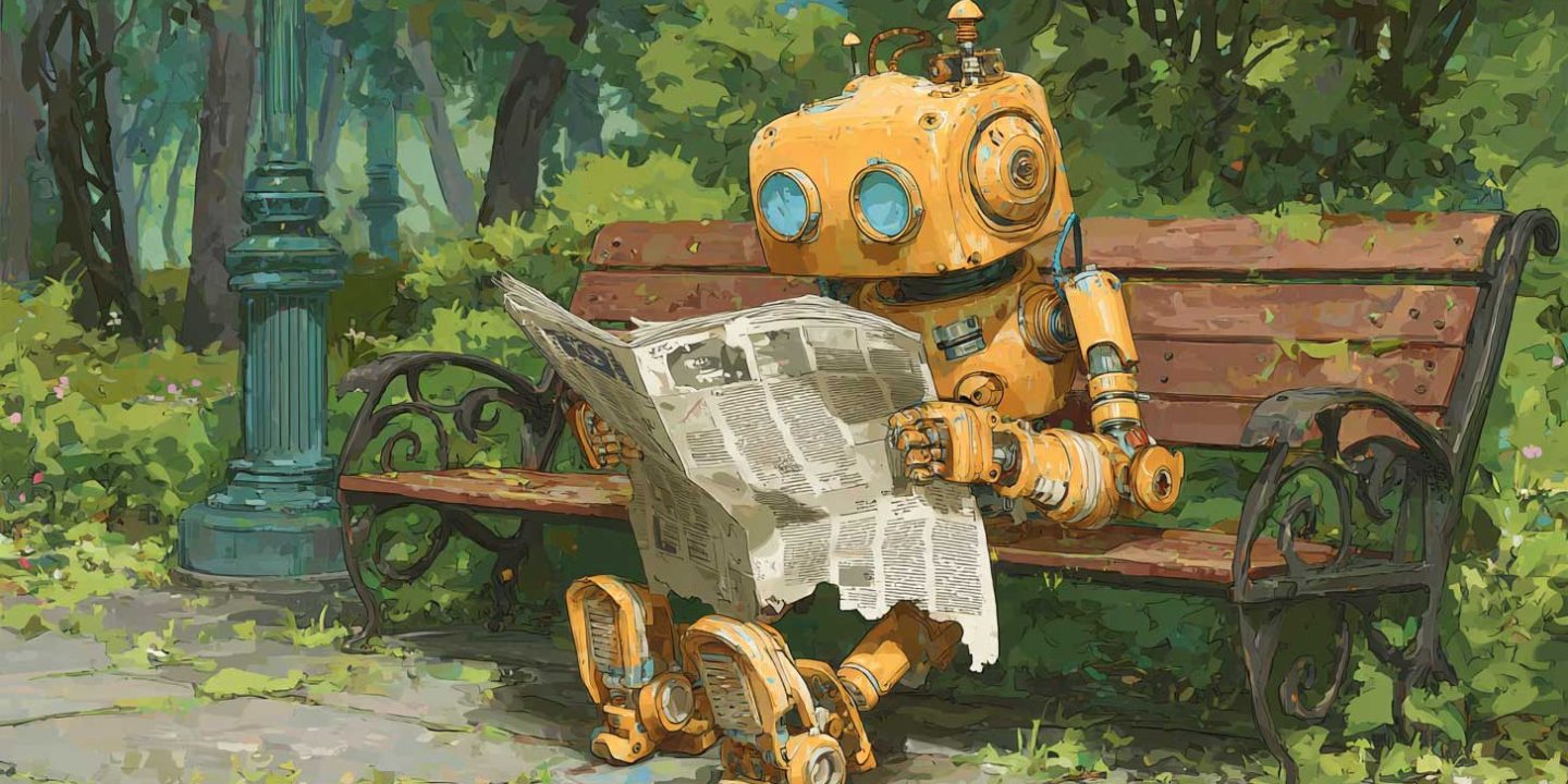 Robot Reading Ripped Newspaper Park Bench