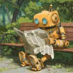 Robot Reading Ripped Newspaper Park Bench