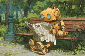 Robot Reading Ripped Newspaper Park Bench